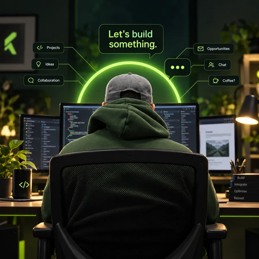 Illustration of a developer at a glowing desk under the words Let's build something, with chips for projects, ideas, collaboration, opportunities, chat and coffee